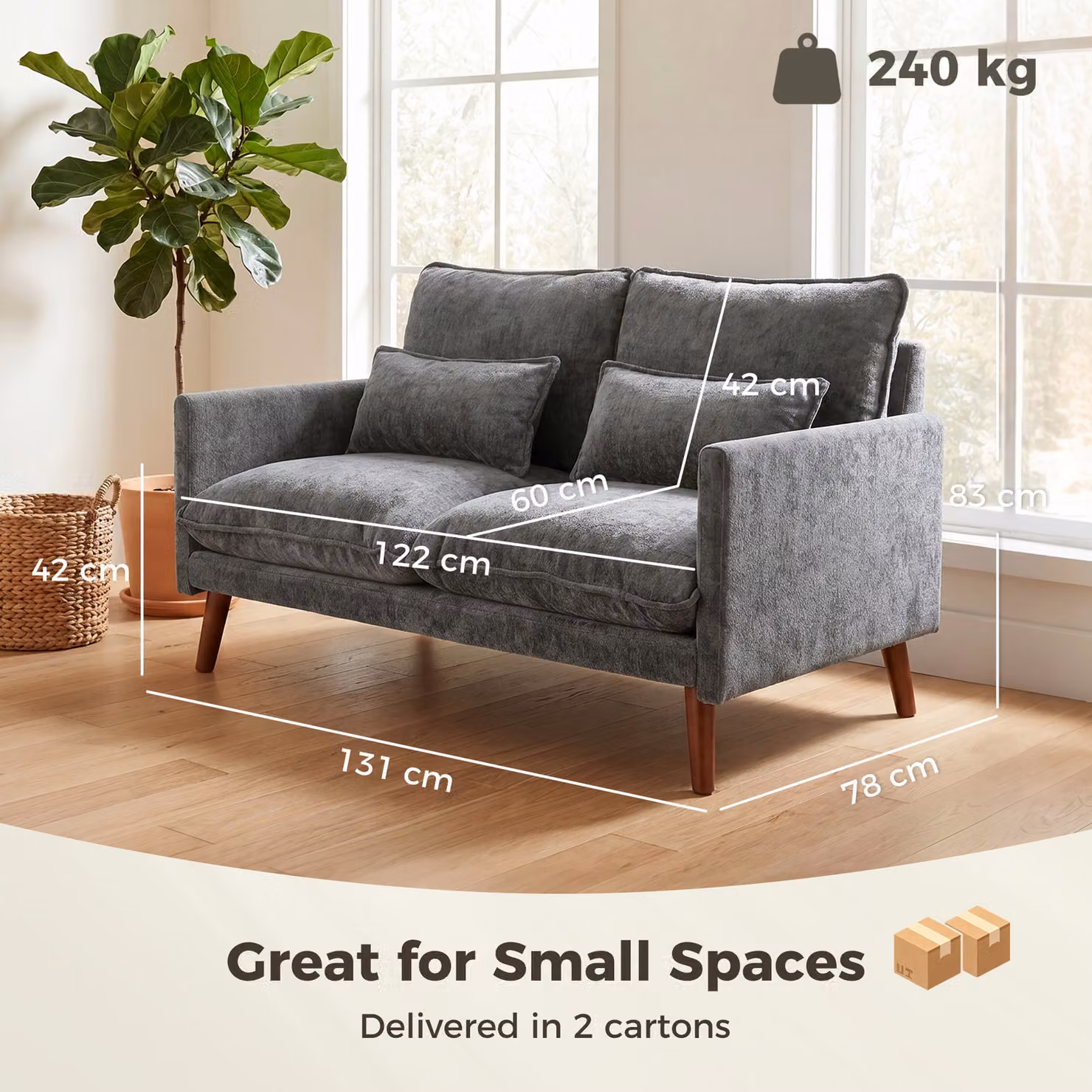 HOMCOM Modern 2 Seater Velvet Loveseat Sofa in Grey with Scatter Cushions and Rubberwood Legs – 3