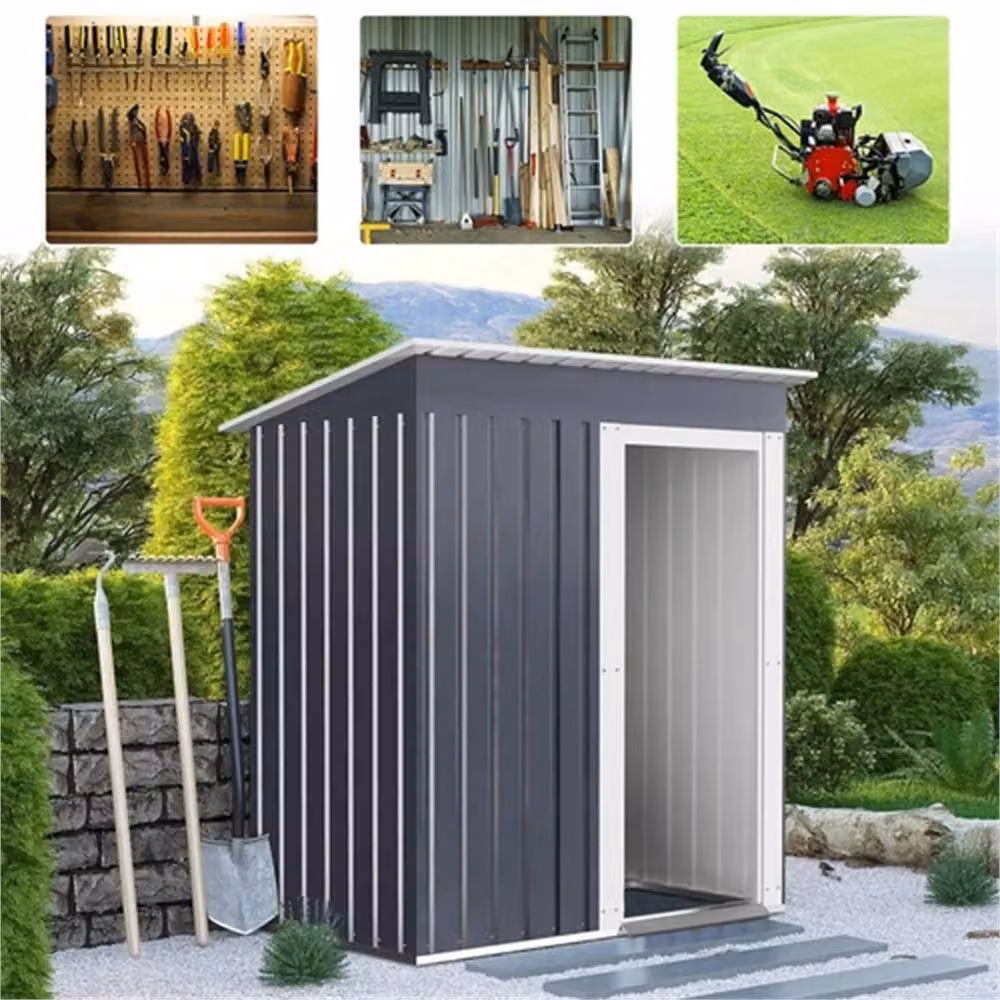 FLAVORA Grey Metal Pent Roof Garden Tool Box and Tall Cabinet with Double Doors, W: 100 cm, H: 181 cm, D: 15 cm – 4
