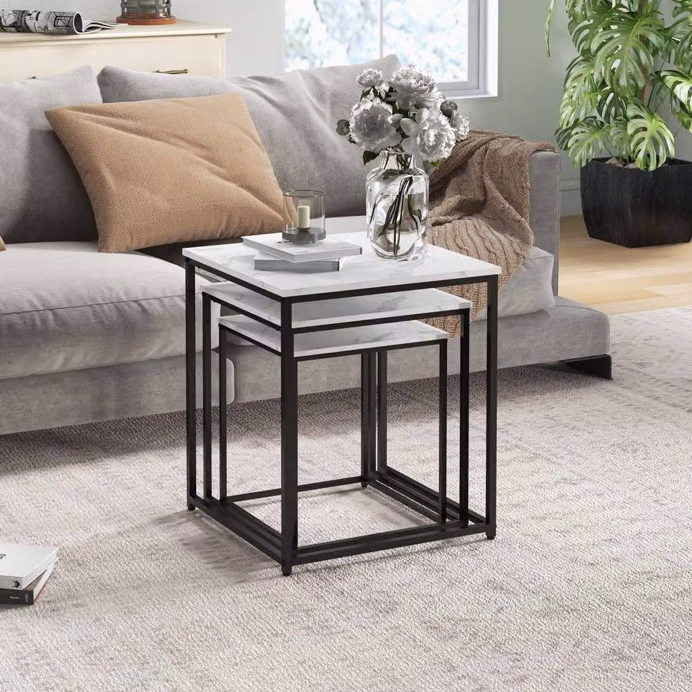 Wyld Haus Rekaco Set of 3 White Marble Effect Nesting Tables with MDF and Metal Construction – 5