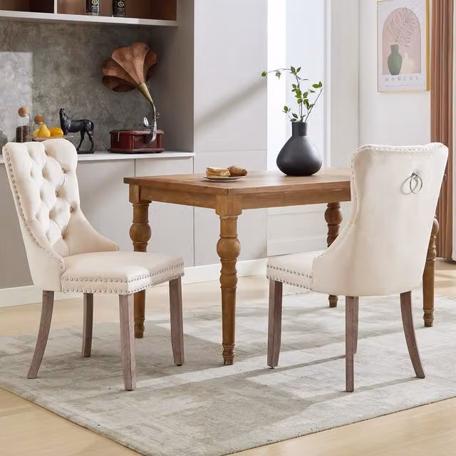 Aosom.UK Set of 6 Beige Velvet Upholstered Dining Chairs with Button Tufted Back and Brushed Wood Legs, W/D/H: 64 x 50 x 96 cm