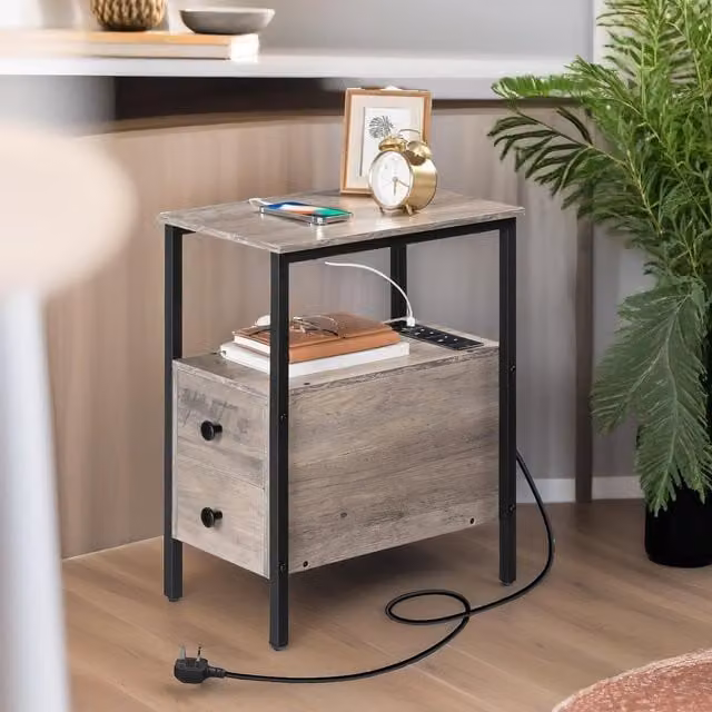 Rafaelo Mobilia Industrial Bedside Table with Glass Top and Metal Frame in Grey, Brown or Black, W/D/H: 61.5 x 30 x 48 cm – 1