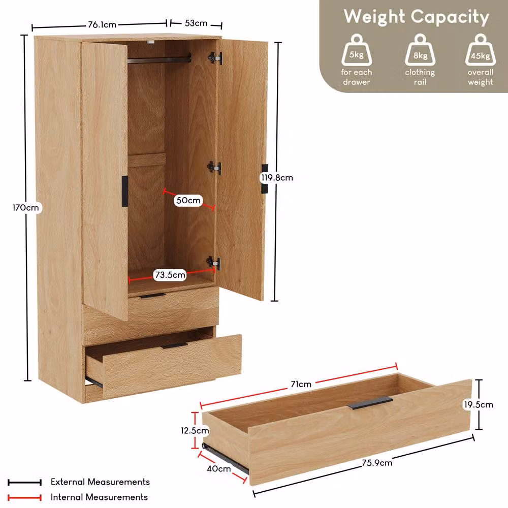Vida Designs Trega 2 Door 2 Drawer Wardrobe with Hanging Rail in Light Brown – 2