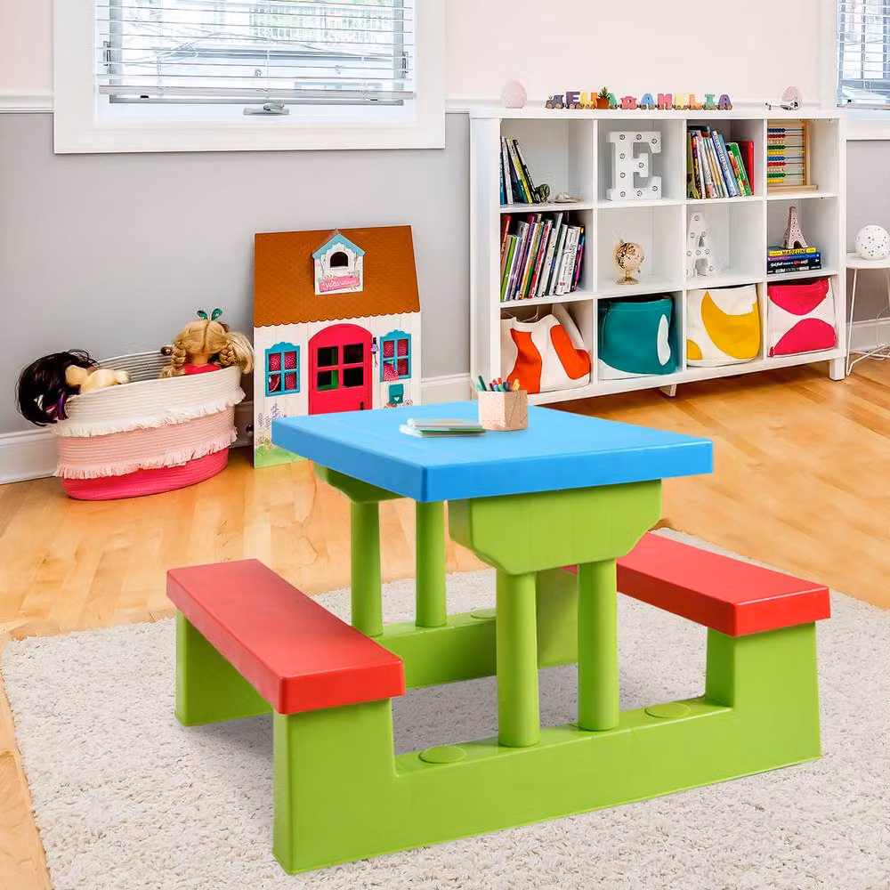Costway Kids Picnic Table and Bench Set with Removable Umbrella in Multicolour – 2