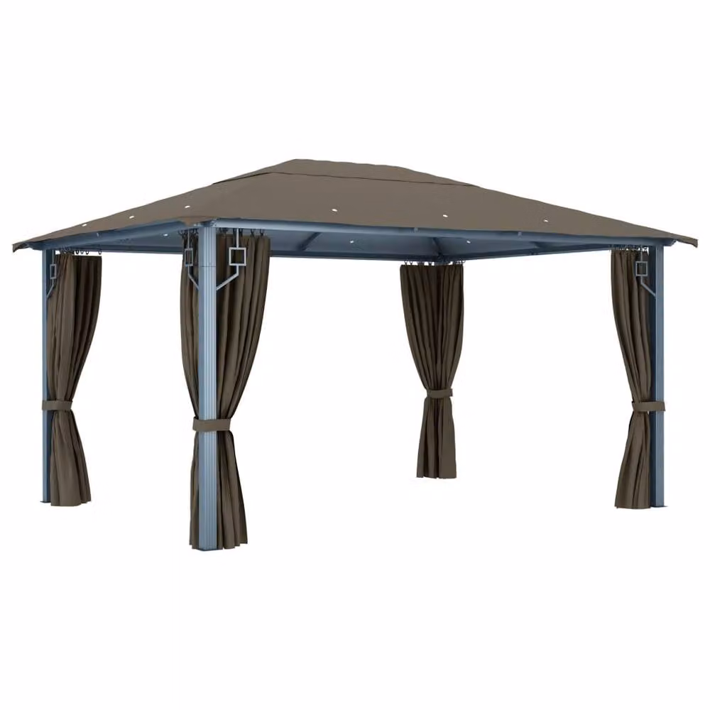 Berkfield Home Aluminium Gazebo with Curtains and LED String Lights, Taupe, W: 4 m, D: 3 m – 3