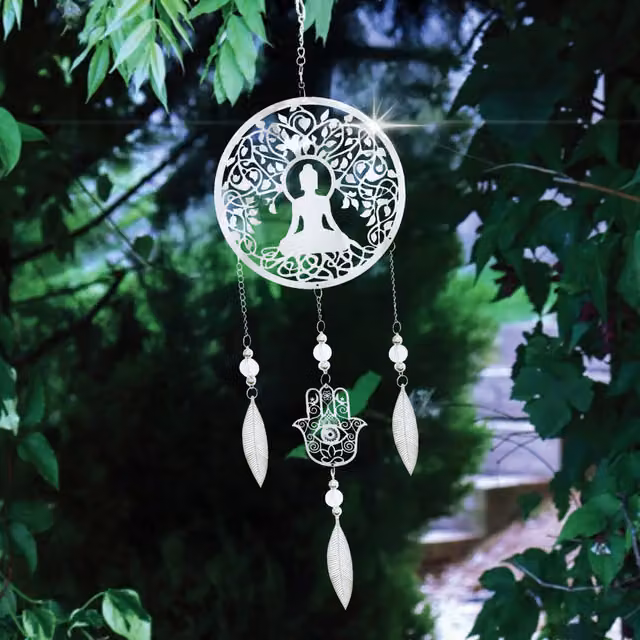 Betley Butterfly Silver Stainless Steel Buddha and Butterfly Hanging Wind Spinner