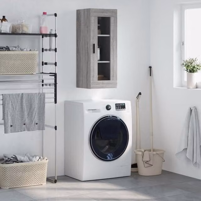 Berkfield Home Wall Mounted Cabinet in Grey Sonoma with Glass Doors, W/D/H: 34.5 x 34 x 90 cm – 1