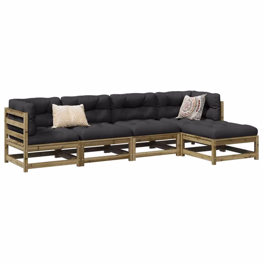 Berkfield Home Beautiful 5 Piece U-Shape Garden Sofa Set in Brown Impregnated Pine with Grey Fabric Cushions and Matching Ottoman – 2