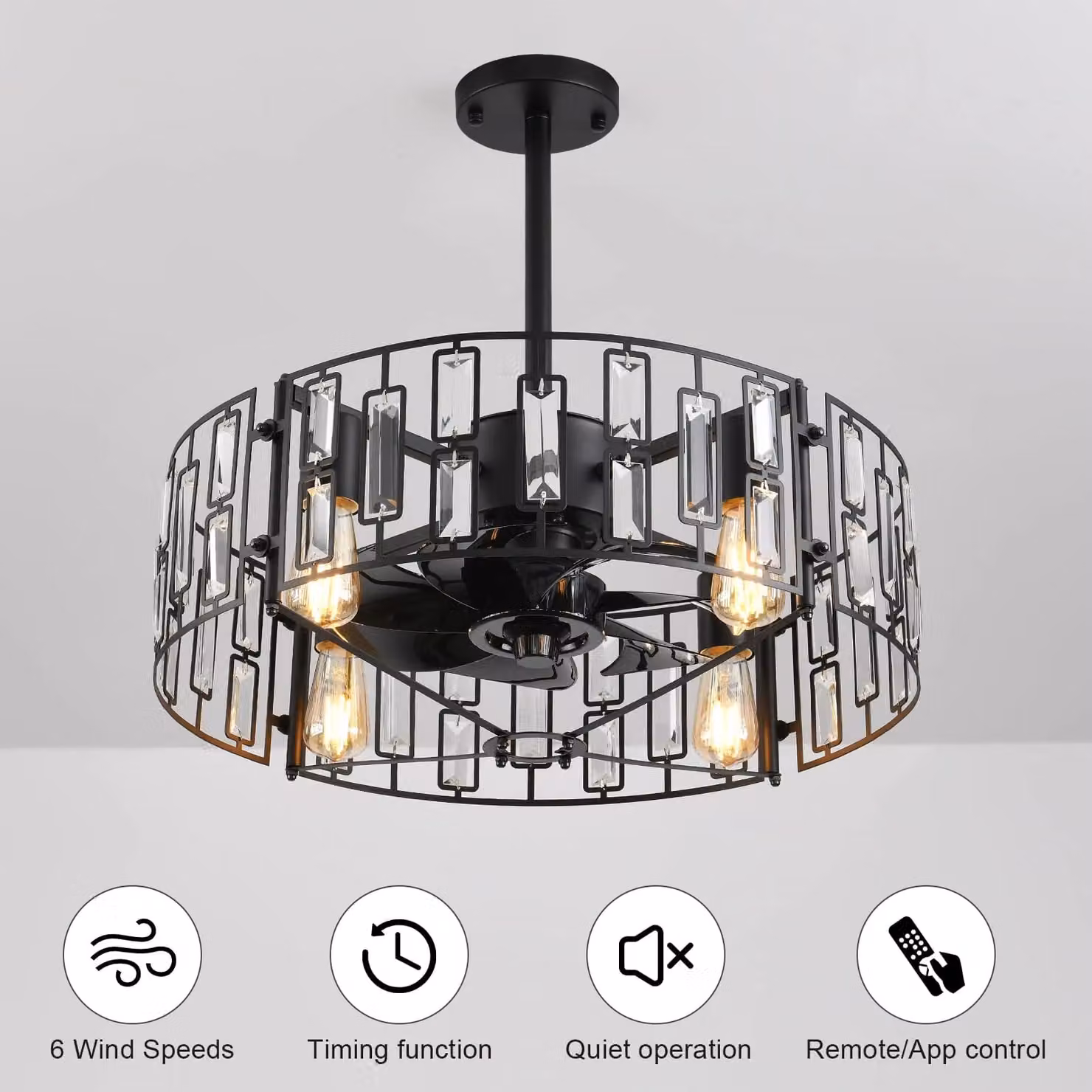 Garwarm Modern Black Ceiling Fan with Crystal Pendant Light and Remote Control, Diameter: 50 cm – 1