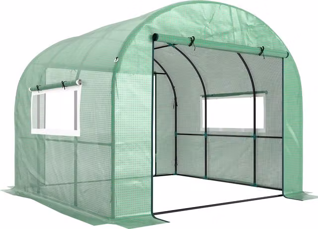 Outsunny Green Walk-In Polytunnel Greenhouse with Roller Window, W: 300 cm, D: 300 cm, H: 200 cm