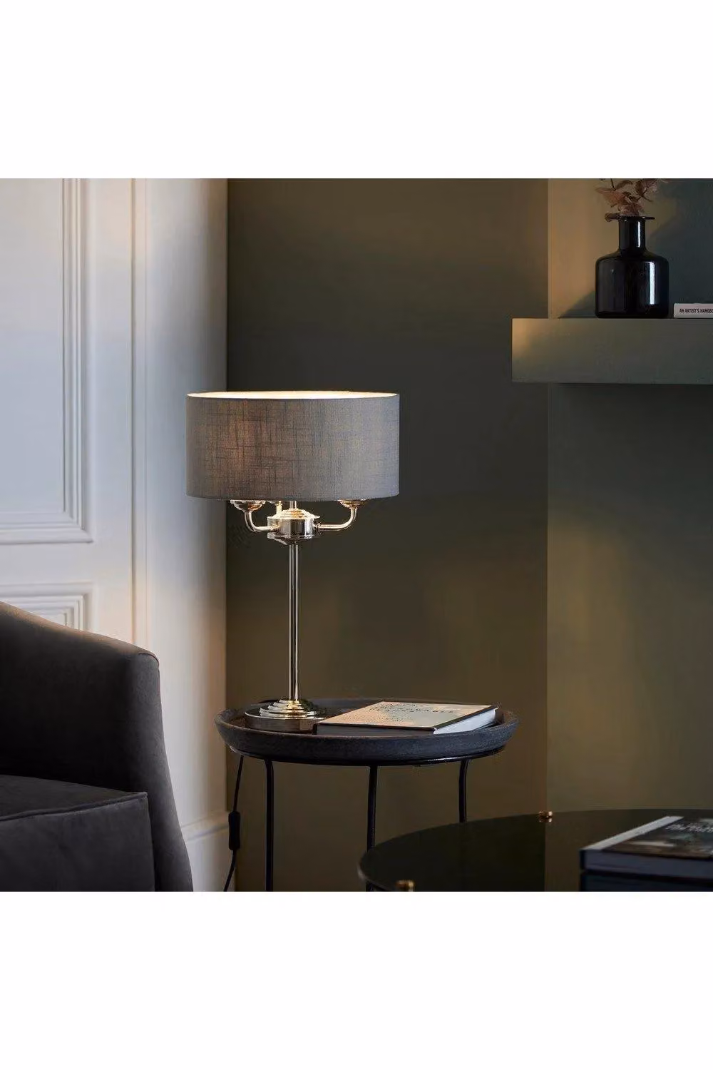 Netlighting Highclere Table Lamp with Bright Nickel Plate Base and Grey Fabric Shade – 2