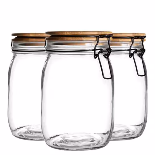Argon Tableware Glass Storage Jars with Airtight Wooden Clip Lids, 1 Litre, Pack of 6, Transparent – 1