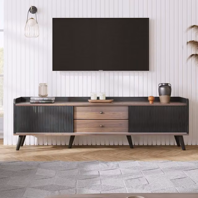 Aosom UK Modern TV Cabinet with 2 Centre Drawers and Striped Sliding Doors in Black and Wood, W: 160 cm, D: 40 cm, H: 58 cm – 1