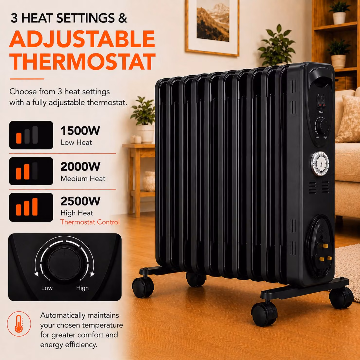 MYLEK 2.5kW Electric Oil Filled Radiator with Adjustable Thermostat and Timer in Black – 3