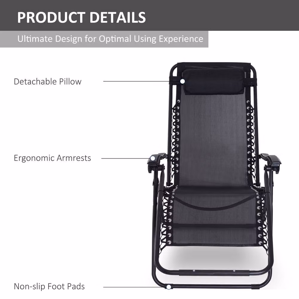 ERGOVEXA Zero Gravity Outdoor Armchair with Powder Coated Steel Frame and Textilene Fabric, Black – 8