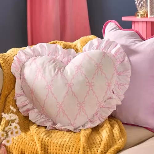 OHS Bow Ribbon Heart Cushion in White and Pink, 40 cm