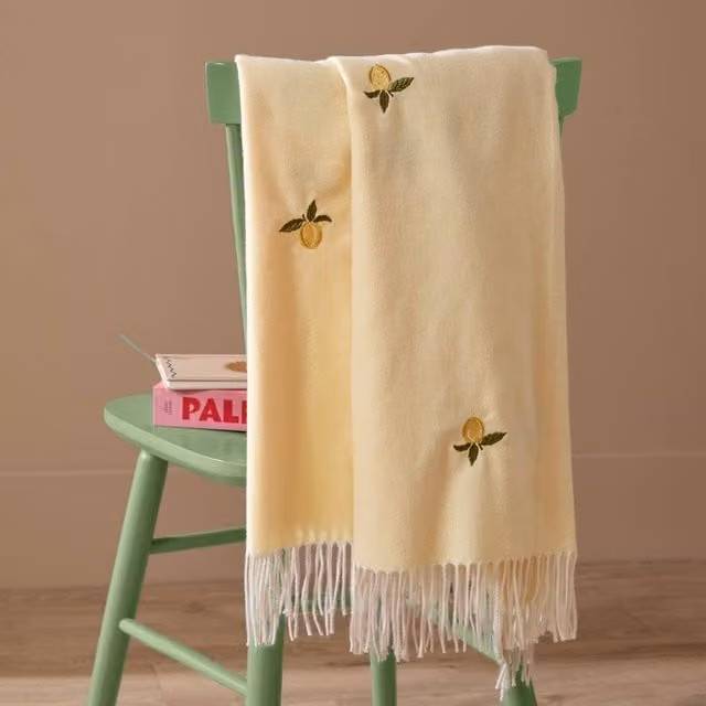 Furn Fruits Lightweight Knitted Embroidered Throw with Fringes in Yellow, W/D/H: 130 x 180 cm
