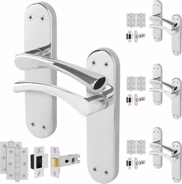 AFIT Chrome Twist Handle Latch Hinges Set with Novi Backplate, Metallic Silver, 4 Pairs, Size: 150 x 150 mm – 1