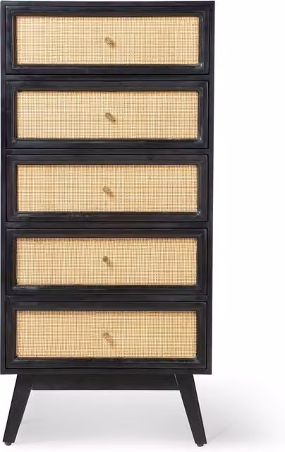Venice Tall 5 Drawer Chest Unit in Black Mango Wood and Rattan
