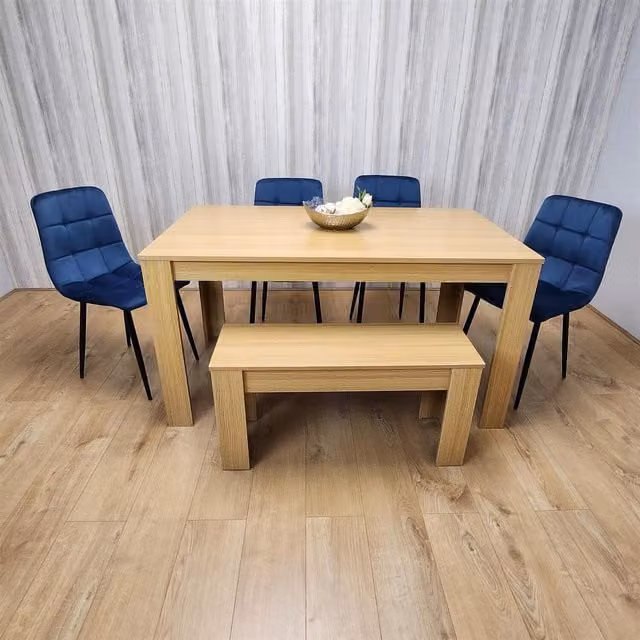 Kosy Koala 6 Seater Dining Set with Rectangular Light Wood Table, 4 White Gem Chairs and Bench, Brown/White/Blue