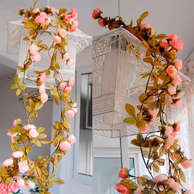 Livingandhome Artificial Rose Floral Hanging Garland for Wedding and Anniversary Decor in Orange, Pink and Green