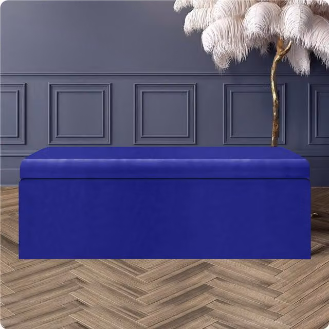 R&M Furnishers Large Plain Safar Storage Ottoman Box in Sapphire Blue Plush Velvet