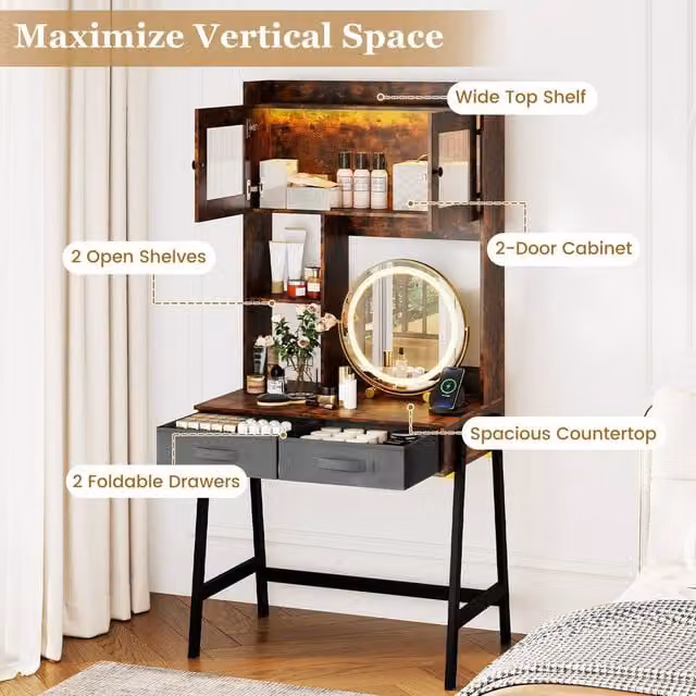 Costway Makeup Vanity Desk with Mirror, Lights and Charging Station in Brown – 1