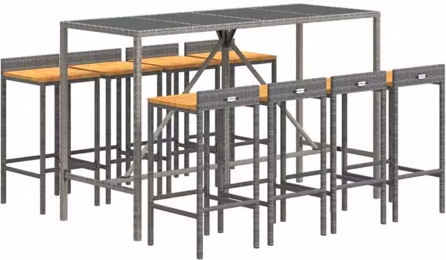 Berkfield Home Beautiful 9 Piece Grey Poly Rattan and Solid Acacia Wood Garden Bar Set