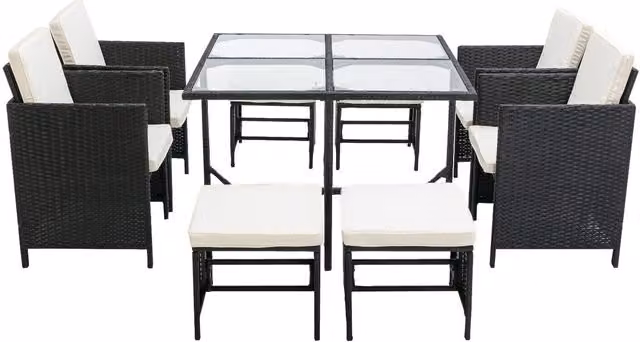 MCC Direct Cuba Black Rattan Garden Dining Table and Chair Set with Glass Top