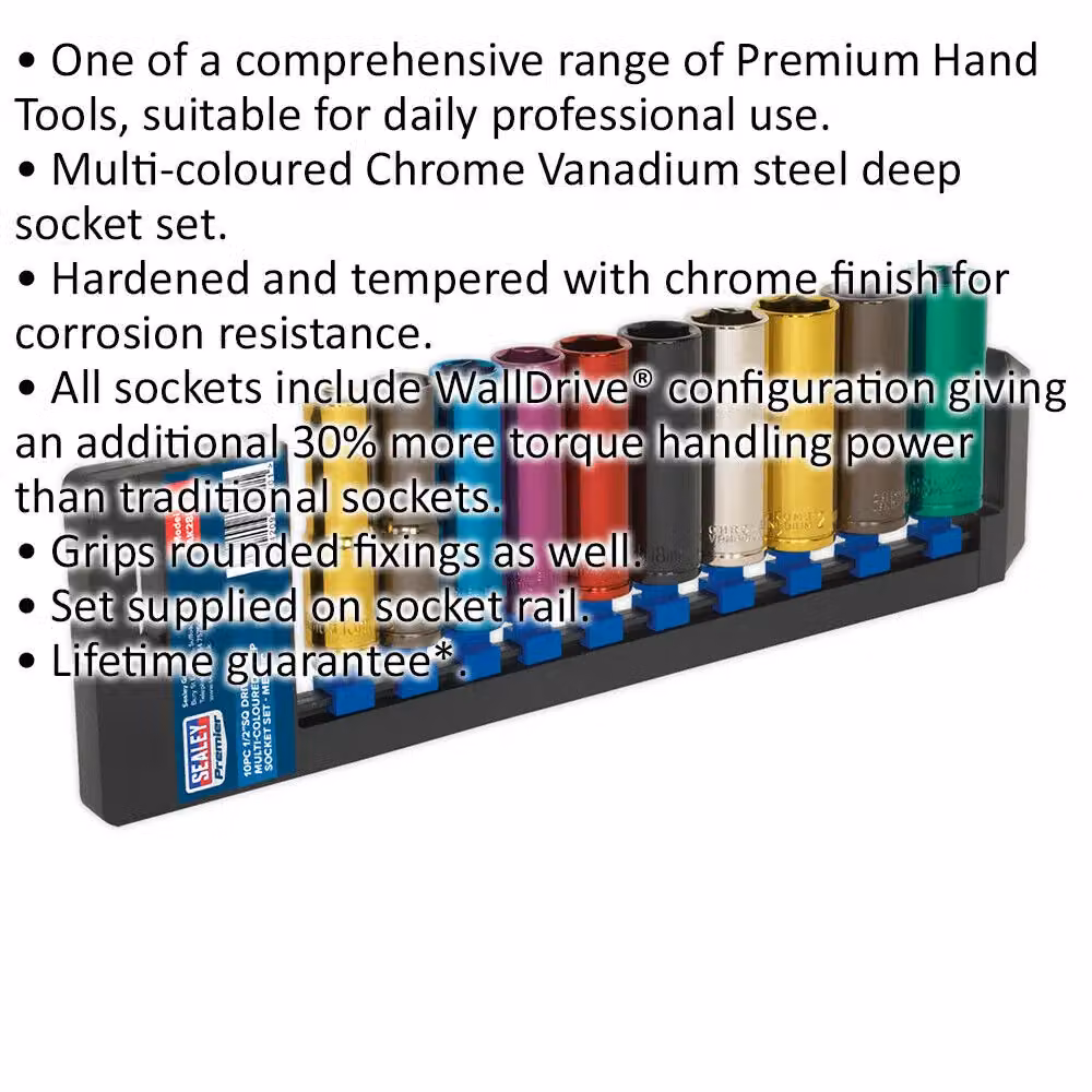 Loops 10 Pack Multi Colour 1/2 inch Metric Deep Socket Set 6 Pt WallDrive – 2