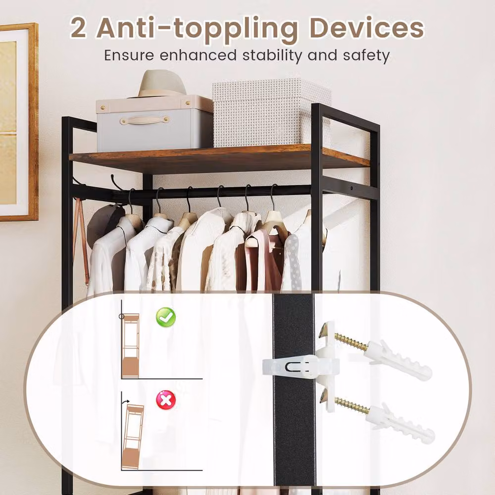 Costway Heavy Duty Industrial Clothes Rack with Drawers and Shelves in Brown and Black – 5