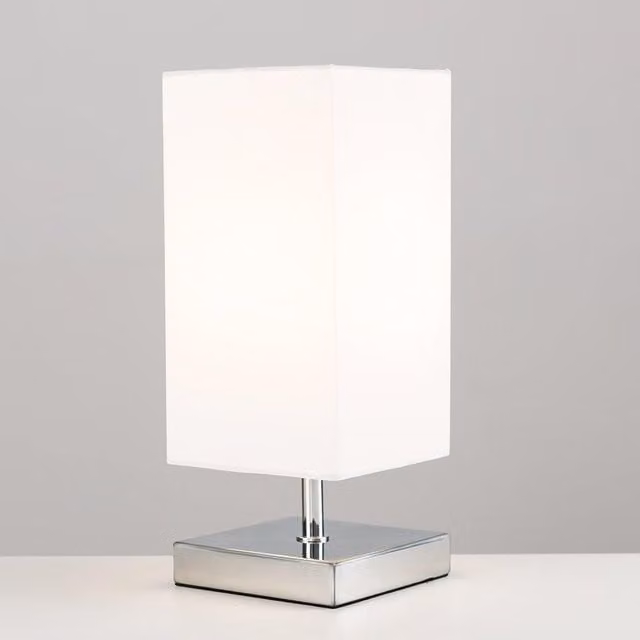 ValueLights MiniSun Set of 2 Modern Square Polished Chrome Touch Table Lamps with White Fabric Shades