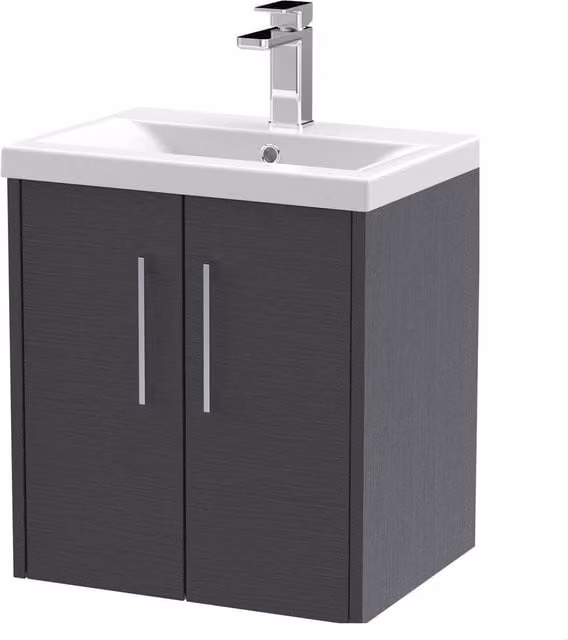 Balterley Winshill 2 Door Wall Mounted Vanity Basin Unit, Grey Woodgrain, Width: 50 cm