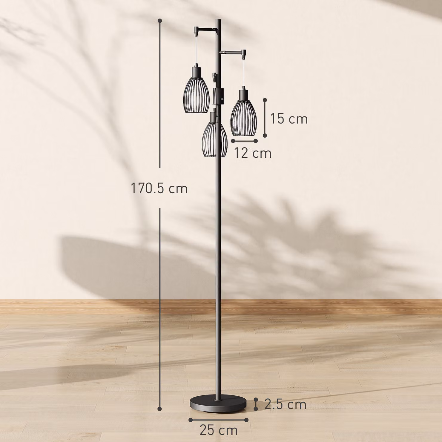 HOMCOM Industrial 3-Light LED Floor Lamp, Dimmable Black Standing Lamp with Metal Wire Cage Lampshades, Height: 170 cm – 3