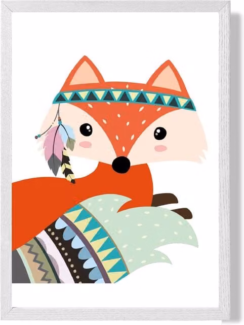 ARTZE Peeking Red Fox Tribal Animal Framed Print in White, A2