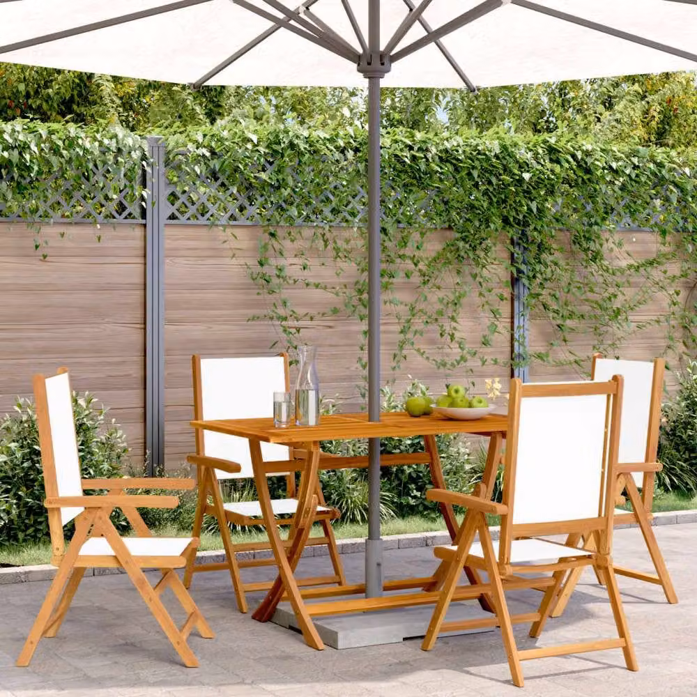 Berkfield Home Set of 4 Reclining Garden Chairs in White UV-Resistant Fabric and Oiled Acacia Wood – 2