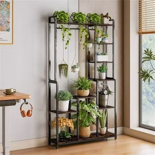 NESTLUNE Industrial 7-Tier Plant Shelf in Black and Brown, W/D/H: 100 x 15 x 180.34 cm – 1