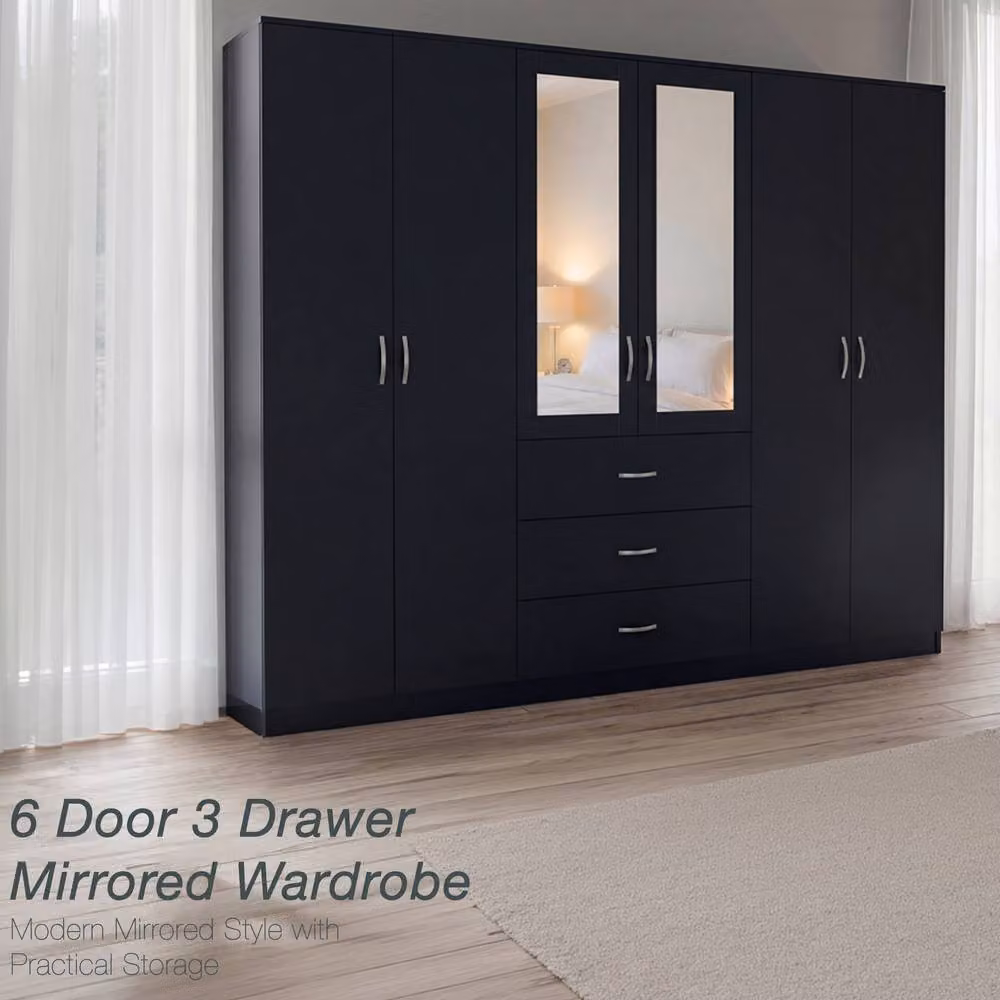 Vida Designs Riano 6 Door 3 Drawer Mirrored Wardrobe in Black – 6
