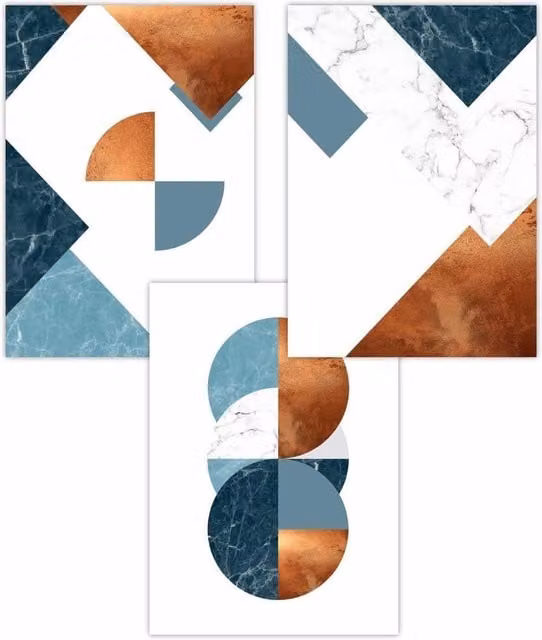 ARTZE Set of 3 Mid Century Abstract Geometric Art Posters in Petrol, Orange and Multicolour, W: 30 cm, H: 42 cm