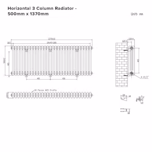 Lux Heat Black Horizontal 3 Column Traditional Steel Radiator, H: 50 cm x W: 137 cm – 4