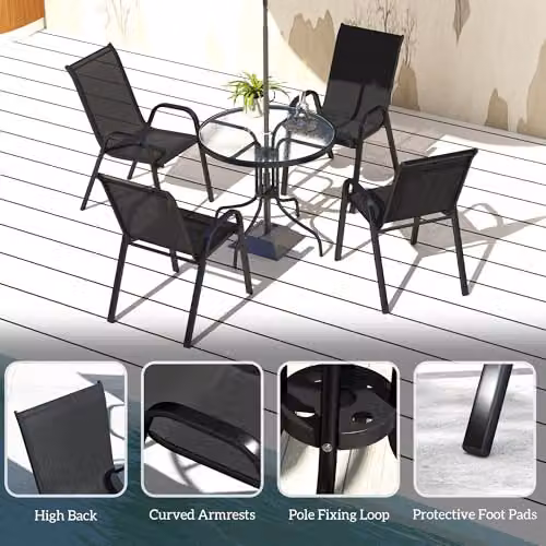 Outsunny 5 Piece Black Garden Dining Set with Round Glass Top Table and 4 Chairs – 5