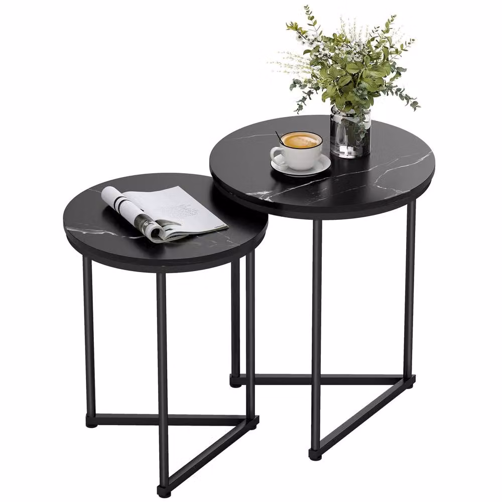 HOMCOM Set of 2 Round Nesting Coffee Tables with Black Marble Effect MDF Tops and Metal Frames – 2