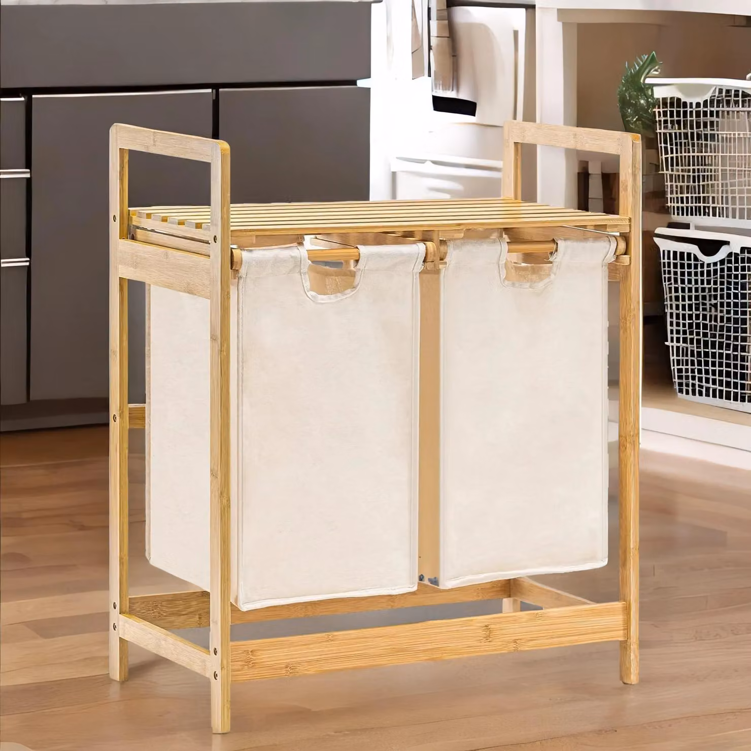 Rafaelo Mobilia Beige Pull Out Double Laundry Basket with Shelf and Removable Fabric Bags in Natural – 3