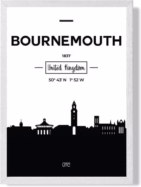 ARTZE Bournemouth Black and White City Skyline Framed Print in White Frame, Size: A2