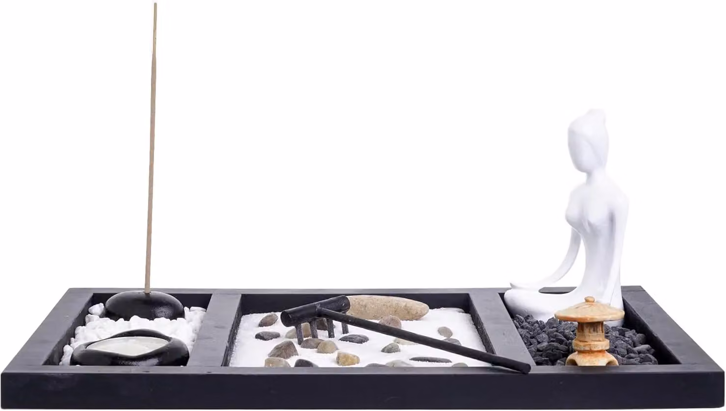 London Boutique Zen Garden Buddha Candle and Incense Holder Meditation Gift Set with Yin Yang, White Sand and Decorative Stones in Brown, Black and White – 3