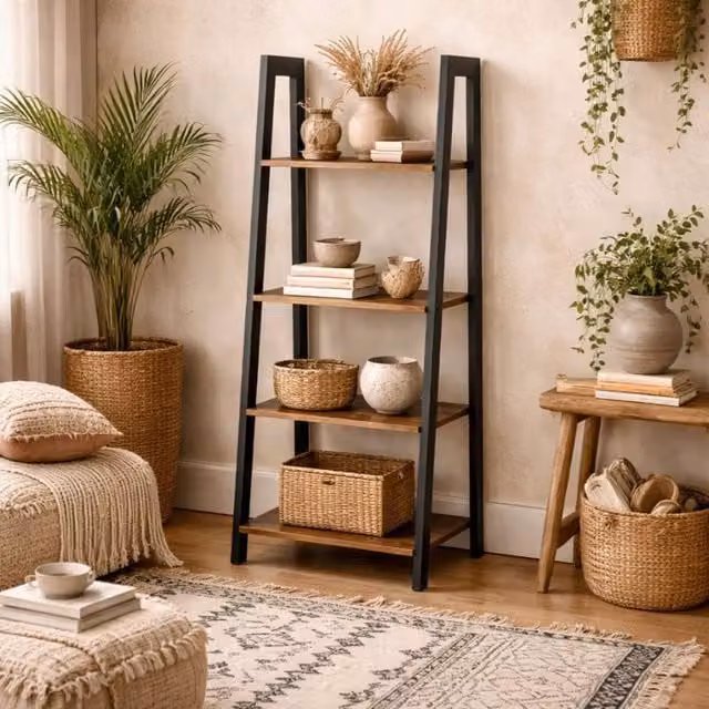Wyld Haus Maynooth Industrial 4 Shelf Ladder Unit, Natural Wood Effect and Black Metal, H 137.5 x W 56.2 x D 34.5 cm