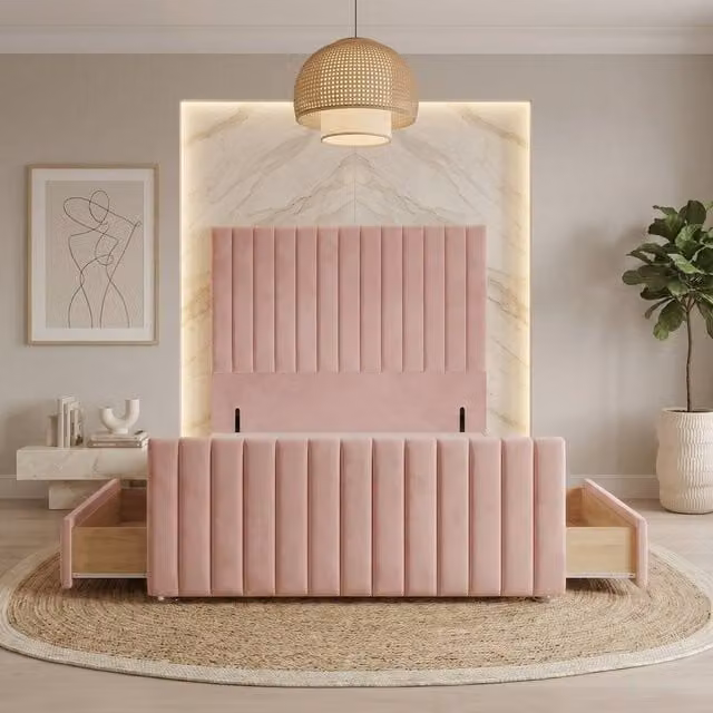 Somnior Eleanor Pink Velvet Divan Base with 4 Drawers, 54 inch Headboard and 22 inch Footboard, King Size, W/D/H: 180 x 200 cm