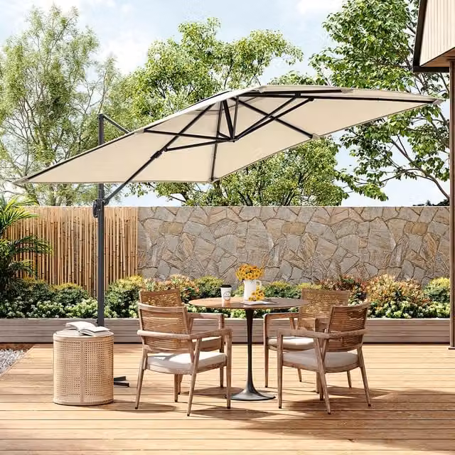 Livingandhome 3m Cantilever Outdoor Parasol Umbrella with Cross Base in Beige