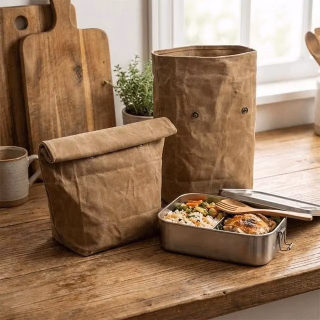 FLAVORA Large Waterproof Waxed Canvas Insulated Lunch Bag in Brown