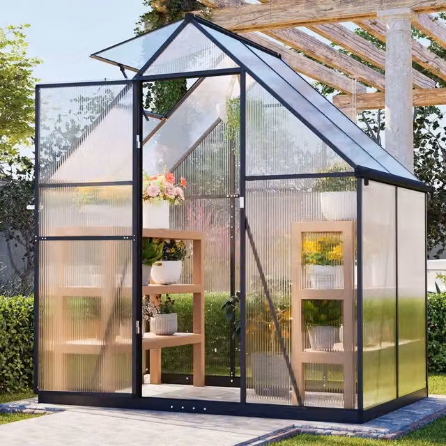 BIRCHTREE Polycarbonate Walk-In Greenhouse with Aluminium Frame in Dark Grey