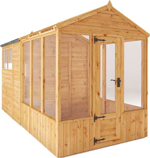 Waltons 12 x 6 ft Wooden Combi Greenhouse and Apex Shed in Brown with Tongue and Groove Construction